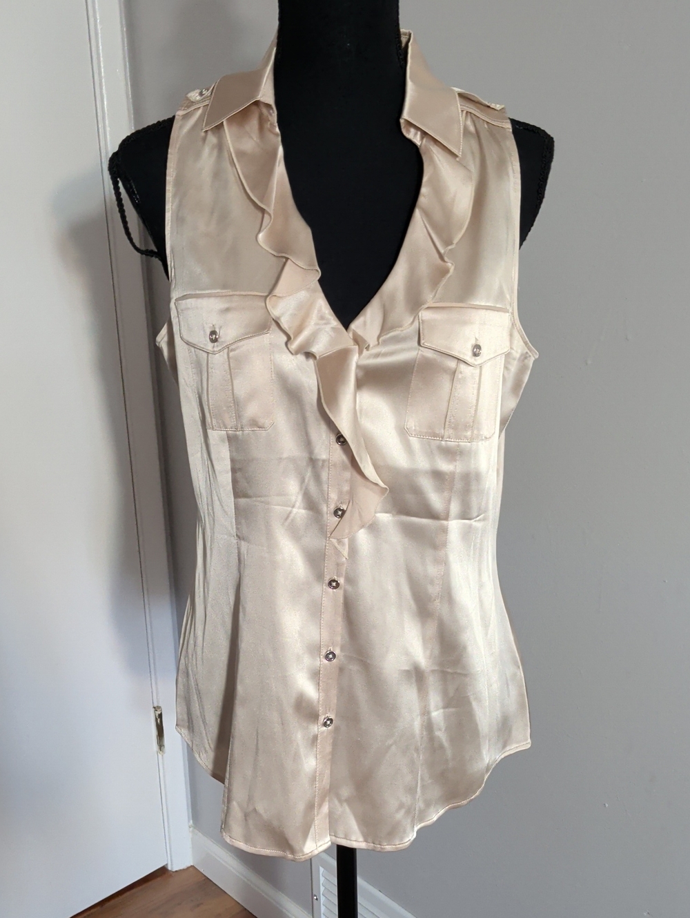 White House Black Market Cream Satin Ruffle-Front Sleeveless Top